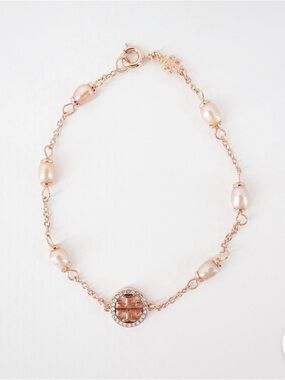 Tory Burch Rose Gold Pearl Logo Bracelet